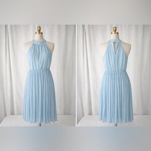 KIRUNDO Light Blue Pleated Midi Dress Halter Neck Sleeveless Flowy A-Line L
